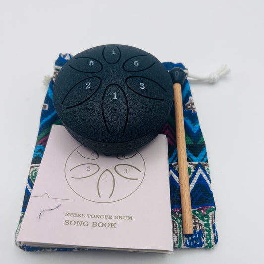 Black Compact 3 Inch 6-Note Steel Tongue Rain Drum for Meditation & Relaxation with Carry Bag