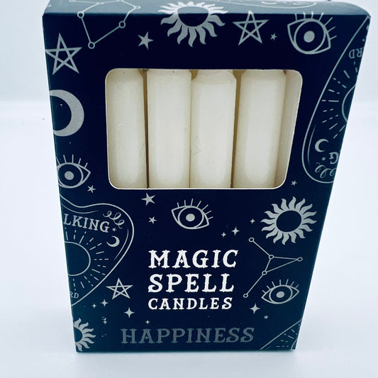 12 Magic Spell Candles with Happiness 10cm White
