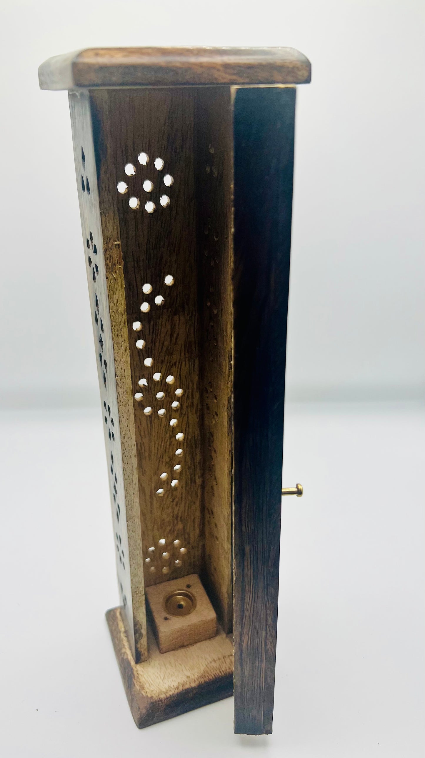 Mango Wood Square Incense Tower with Brass inlay