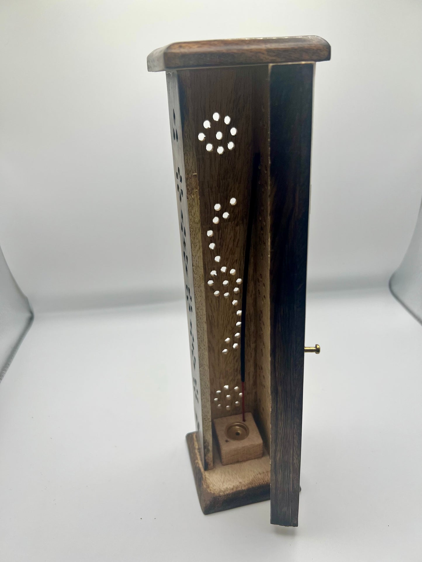 Mango Wood Square Incense Tower with Brass inlay